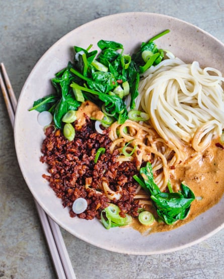Meera Sodha’s sesame noodles with spicy fried soy mince.