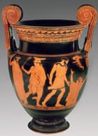 Attic Red-Figure Volute-CraterAttic red-figure volute-crater depicting (A) the birth of Pandora with Zeus, Hermes and Epimetheus present and (B) a youth chasing a woman, 5th century BC. Athenian red-figure wine-mixing vessel (volute-crater): (A) the birth of Pandora: Zeus, Hermes, Epimetheus, Pandora; (B) youth chasing woman. Dimensions: height: 48.2 cm (Photo by Ashmolean Museum/Heritage Images/Getty Images)