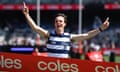 Max Holmes of Geelong celebrates winning the sprint race ahead of the 2023 AFL grand final between the Collingwood Magpies and the Brisbane Lions at the MCG. The first bounce in Melbourne is 2:30pm AEDT.
