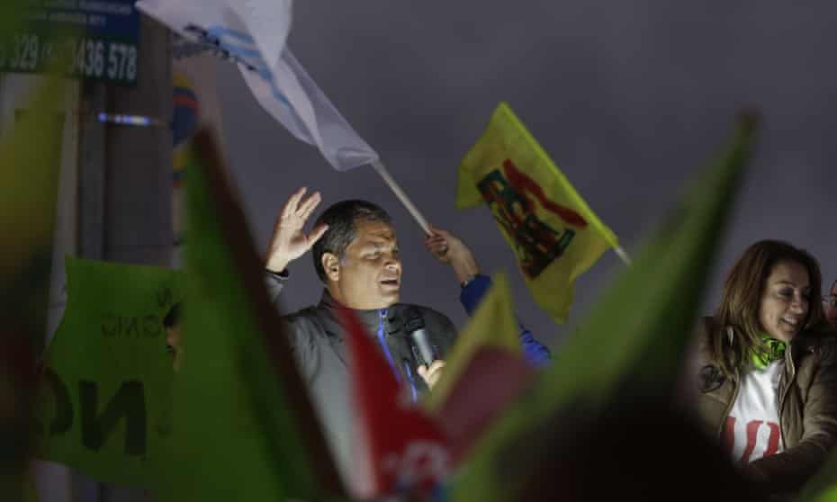 Ecuador’s former president Rafael Correa leads a rally on Monday in Rumicucho, Ecuador, against an upcoming constitutional referendum.