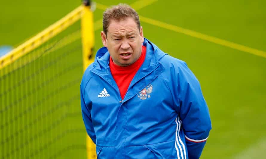 Russia’s coach Leonid Slutsky during a training session on Monday.
