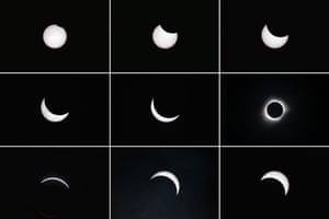 The moon passing in front of the sun (top left to bottom R) during a total solar eclipse seen from Ternate in Indonesia’s Maluku Islands.
