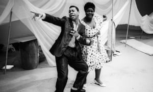 Roger Griffiths (Rudolph Dawson) and Sharon D Clarke (Dolores Hope) in O Babylon! The Musical by Derek Walcott. A Talawa production, directed by Yvonne Brewster in 1988.