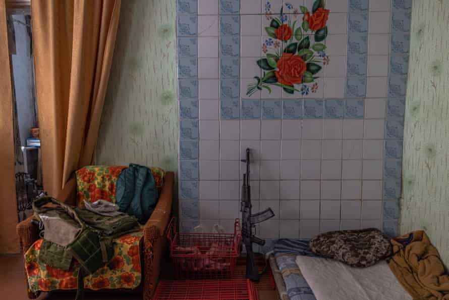 A weapon belonging to a member of the Ukrainian army stands inside a house in a village at Huliaipole district, in the Zaporizhzhia region, Ukraine.