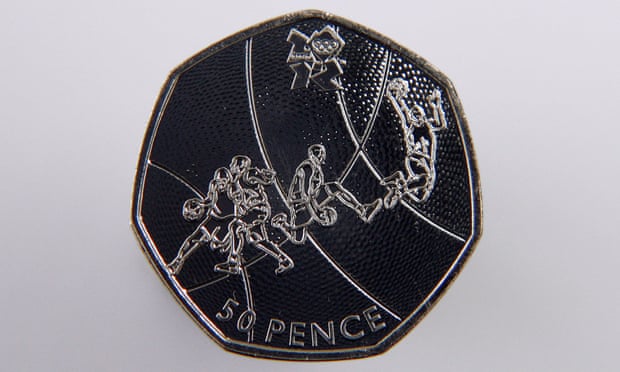 A 50p coin showing Olympic discipline basketball produced by the Royal Mint in 2012