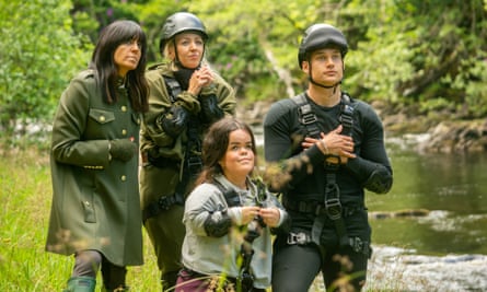 On the trail of Traitors: stunning Scottish Highlands scenery is backdrop to the reality TV hit | scotland holidays 1 Claudia Winkleman, left, with participants Maddy, Meryl and Aaron.