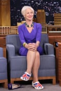 Helen Mirren wears Union Jack crocs on the Tonight Show.