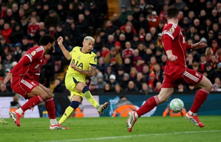 Richarlison scores their late equaliser against Liverpool.