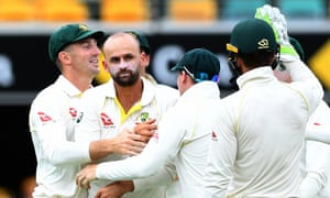 Australian celebrate after Nathan Lyon’s dismissal of England batsman Dawid Malan.