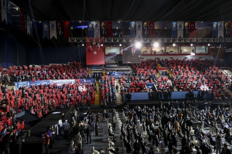 People gather for the 1st Ordinary Congress of the new Democracy and Progress party held at Ataturk sports hall.