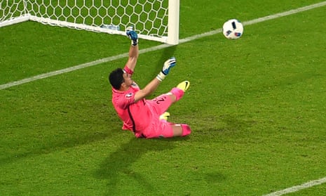 Croatia’s goalkeeper Danijel Subasic saves a penalty against Spain, but had advanced from his goalline
