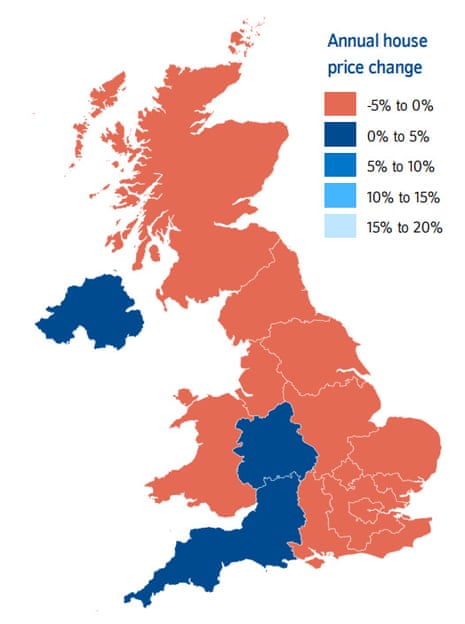 A map showing changes in annual house prices in the UK