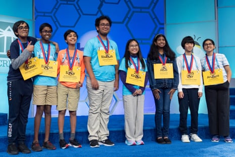The final eight competitors of the Scripps National Spelling Bee pose for a group photograph after the conclusion of Wednesday’s semi-finals. From left they are, Faizan Zaki, 12, of Allen, Texas; Bruhat Soma, 12, of Tampa, Florida; Shrey Parikh, 12, of Rancho Cucamonga, California; Rishabh Saha, 14, of Merced, California; Kirsten Tiffany Santos, 13, of Richmond, Texas; Aditi Muthukumar, 13, of Westminster, Colorado; YY Liang, 12, of Hartsdale, New York; and Ananya Rao Prassanna, 13, Apex, North Carolina.