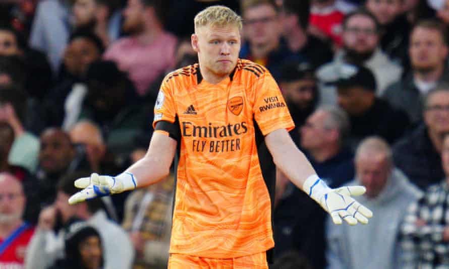 Arsenal goalkeeper Aaron Ramsdale reacts after conceding the first Chelsea goal.