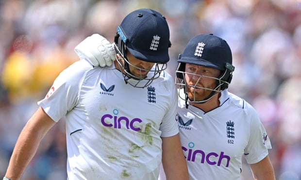 Jonny Bairstow consoles Jamie Overton after the batsman was out for 97 on his Test debut