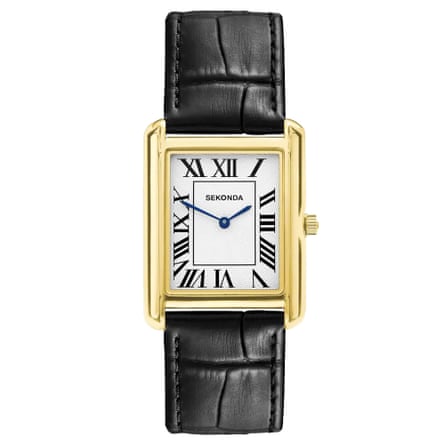 Black strap Sekonda watch with gold rectangular frame and roman numerals face.