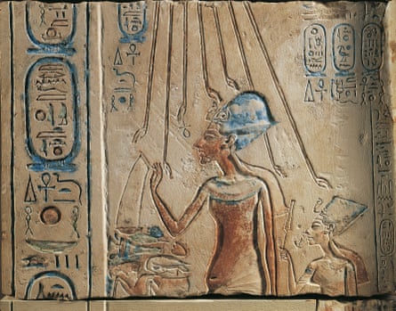 Egypt, Tell el-Amarna, Bas-relief depicting Amenhotep IV (Pharaoh Akhenaten, circa 1360 - 1342) and his wife Nefertiti (circa 1370-1330 BC) worshiping the solar disc Aten, eighteenth dynasty, New Kingdom