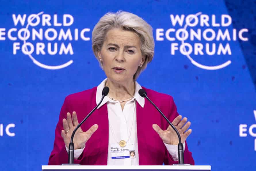 Ursula von der Leyen, President of the European Commission addresses a plenary session during the 51st annual meeting of the World Economic Forum.