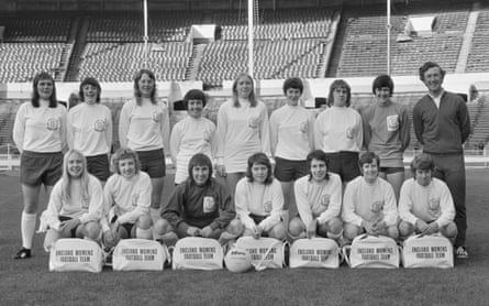 Lynda Hale (back row, far left) with the rest of the England team before their first formal match against Scotland in November 1972
