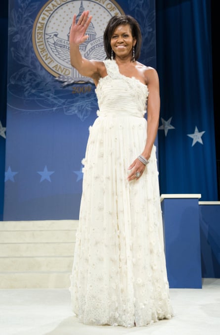 Obama in a girlish, bridal Jason Wu gown at the first inaugural ball in 2009.