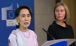 Aung San Suu Kyi and EU diplomatic chief Federica Mogherini at a press conference in Brussels.