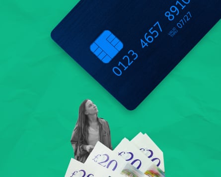 Composite image of a woman with a huge credit crd hanging over her head
