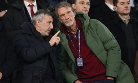 Sir Jim Ratcliffe (right) speaks with Jason Wilcox, Manchester United’s technical director, during the 2-1 derby win against Manchester City