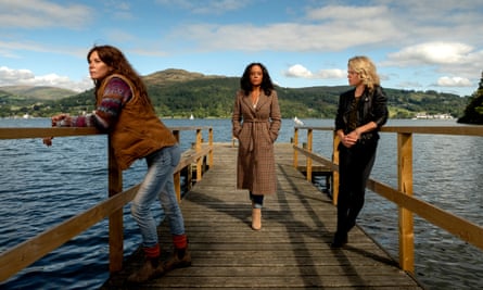 Anna Friel as Lisa Kallisto, Rosalind Eleazar as Kate Riverty and Sinead Keenan as Roz Toovey, in ITV’s Deep Water