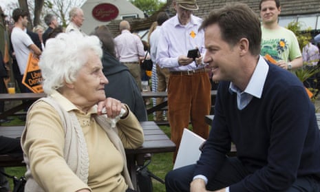 Nick Clegg speaks to Sylvia Cooke aged 90 as he meets with party activists at the Devonshire Arms pub in Sheffield. 
