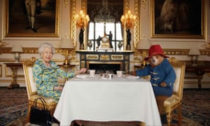 2022: Queen Elizabeth II and Paddington Bear having cream tea at Buckingham Palace, taken from a film that was shown at the BBC Platinum Party at the Palace on June 4
