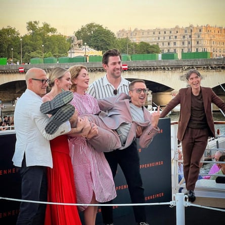Emily Blunt promoting Oppenheimer in Paris with (from left) Stanley Tucci, Felicity Blunt, John Krasinski, Robert Downey Jr and Cillian Murphy.