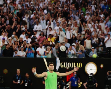 Carlos Alcaraz revels in the adulation after winning his semi-final against Alexander Zverev.