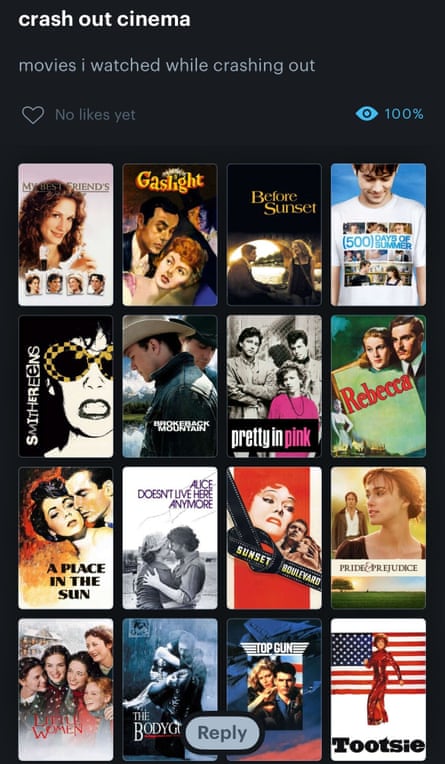 A screenshot of different movie posters under the heading ‘crash out cinema, movies I watched while crashing out’