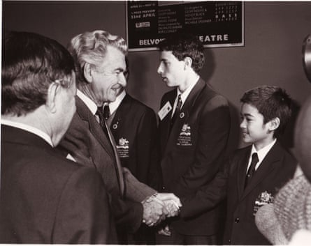 Bob Hawke presents Terence Tao with the gold medal at the 1988 Canberra International Mathematical Olympiad