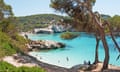 Menorca, Balearic Islands, Spain, Europe: view of the beaches of Cala Mitjana and Cala Mitjaneta, natural area of special interest in the southwest<br>G01J8B Menorca, Balearic Islands, Spain, Europe: view of the beaches of Cala Mitjana and Cala Mitjaneta, natural area of special interest in the southwest