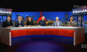 Monday night’s Q&A panel: GetUp! co-founder Jeremy Heimans, Liberal MP Tim Wilson, entrepreneur Leyla Acaroglu, host Tony Jones, British author Stanley Johnson and Labor MP Linda Burney.