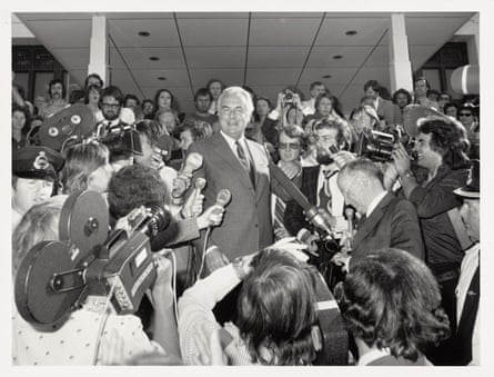 Gough Whitlam speaking on the steps of Parliament House, Canberra.