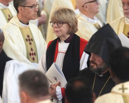 The archbishop of Canterbury, Dame Sarah Mullally (centre) attending Bishop Richard Moth’s installation Mass as the 12th Archbishop of Westminster.