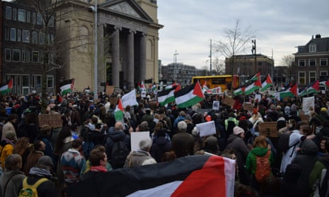 People stage a pro-Palestinian demonstration during the opening of the Holocaust Museum in Amsterdam, the Netherlands.