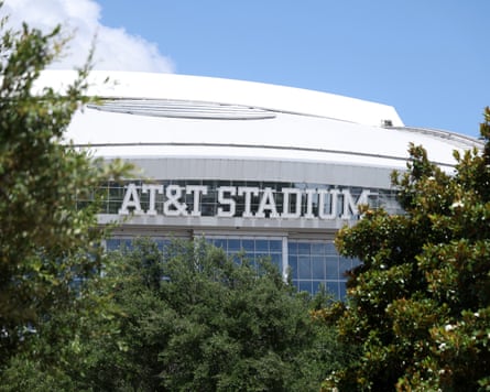 An exterior of the AT&T Stadium signage at the stadium.