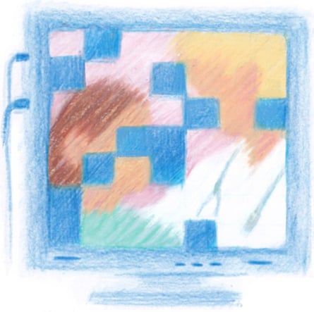 A computer monitor showing a patient and doctor. The image is being broken up by scattered pixels. #157EB2