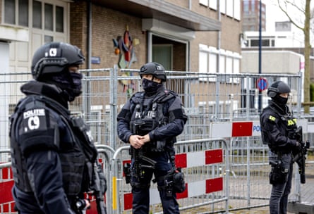 Special police stand at the fortified courthouse in Amsterdam known as the Bunker in 2021.