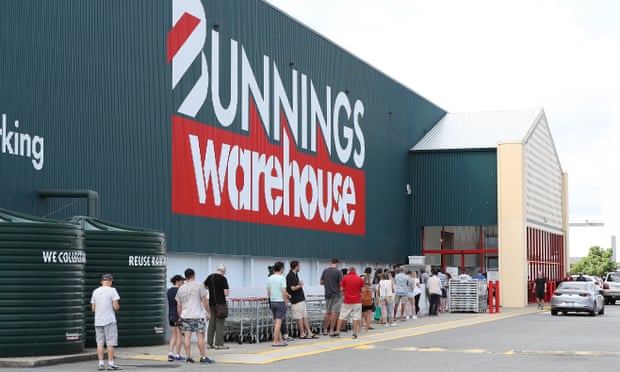 Shoppers queue outside Bunnings in Myaree, Perth, Australia.