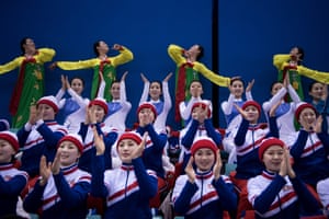North Korean cheerleaders perform during the women’s preliminary round ice hockey match between Unified Korea and Japan at the Kwandong hockey centre.