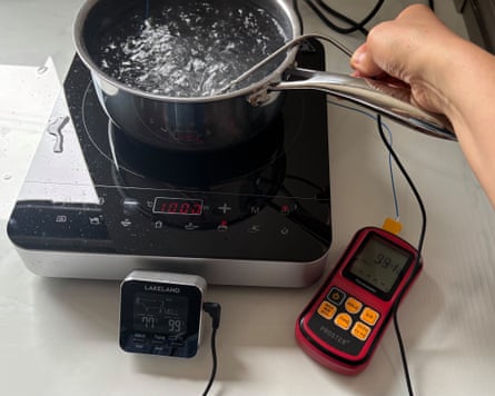 Lakeland Digital In-Oven Kitchen thermometer is tested in a pan of boiling water.