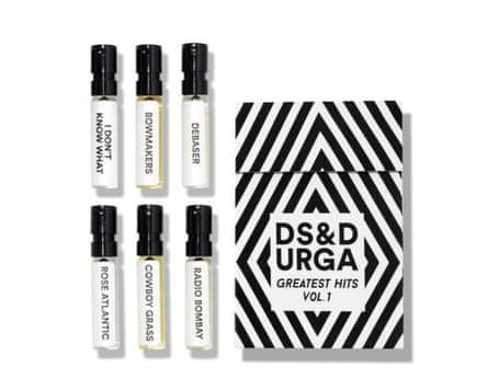 D.S. & DURGA Greatest Hits Vol. 1 9ML. Six travel size sprays are laid next to the branded box.