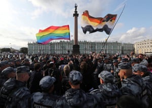 Troops encircling people at Pride in St Petersburg, Russia in 2019.