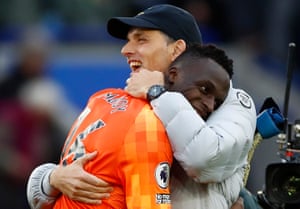 Chelsea manager Thomas Tuchel celebrates their victory with Edouard Mendy, who kept another clean sheet.