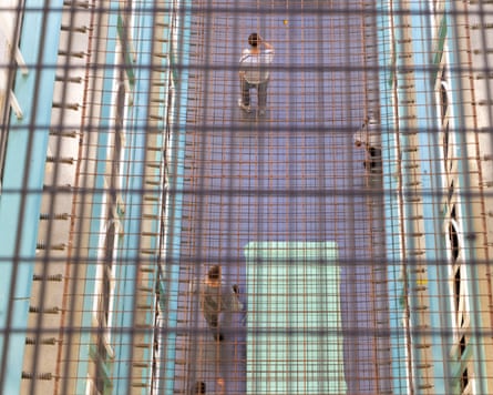 An aerial view of the prison, with suicide netting in the foreground.