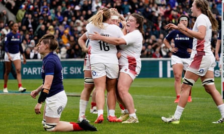 England celebrate after scoring against France.